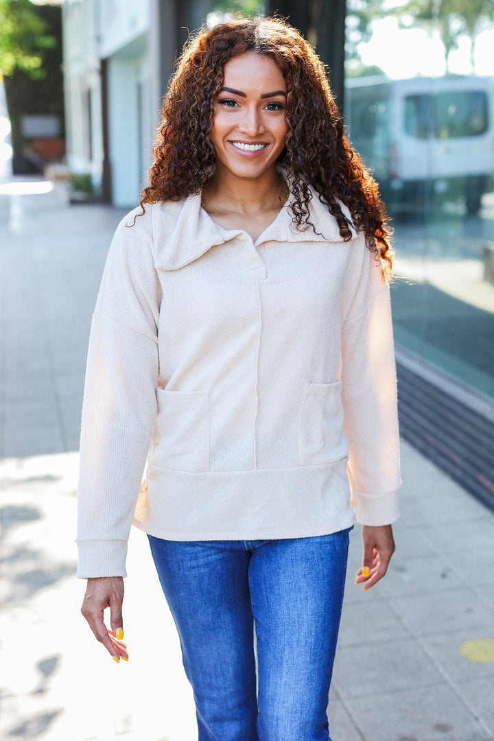 Easy Living Oatmeal Textured Knit Notch Neck Oversized Collar Sweater | Nikki &amp; Co. Boutique