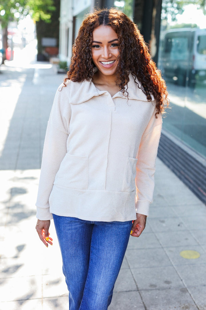 Easy Living Oatmeal Textured Knit Notch Neck Oversized Collar Sweater | Nikki &amp; Co. Boutique