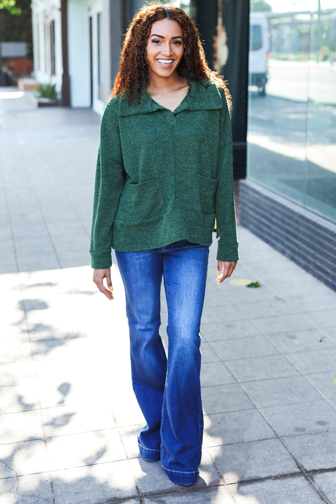 Easy Living Olive Textured Knit Notch Neck Oversized Collar Sweater | Nikki &amp; Co. Boutique