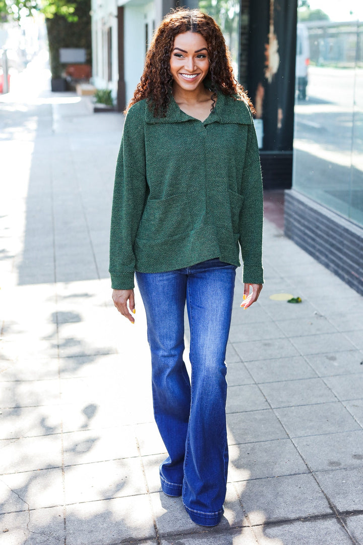 Easy Living Olive Textured Knit Notch Neck Oversized Collar Sweater | Nikki &amp; Co. Boutique