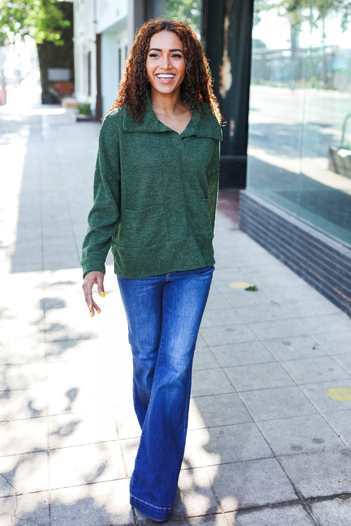 Easy Living Olive Textured Knit Notch Neck Oversized Collar Sweater | Nikki &amp; Co. Boutique