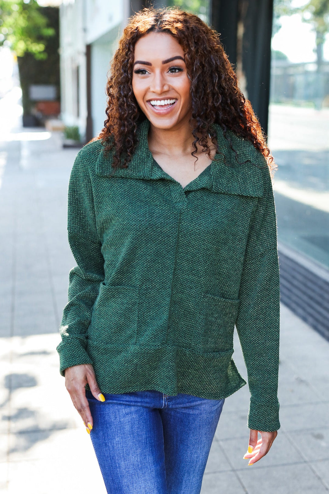 Easy Living Olive Textured Knit Notch Neck Oversized Collar Sweater | Nikki &amp; Co. Boutique