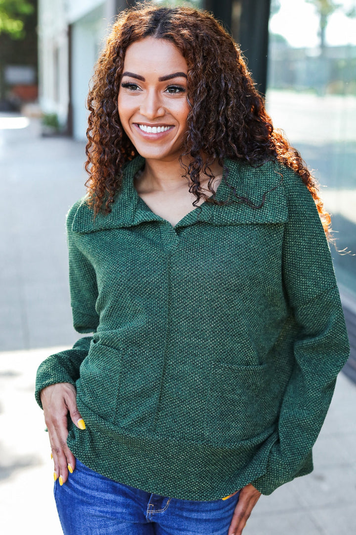 Easy Living Olive Textured Knit Notch Neck Oversized Collar Sweater | Nikki &amp; Co. Boutique