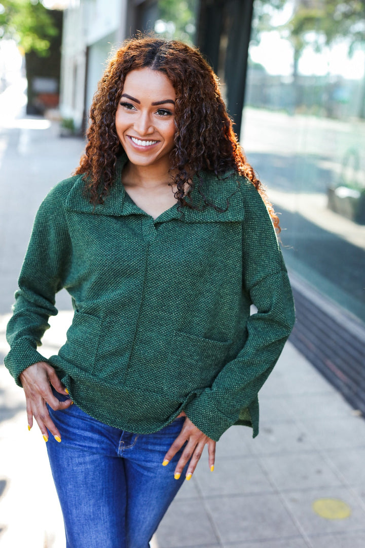 Easy Living Olive Textured Knit Notch Neck Oversized Collar Sweater | Nikki &amp; Co. Boutique