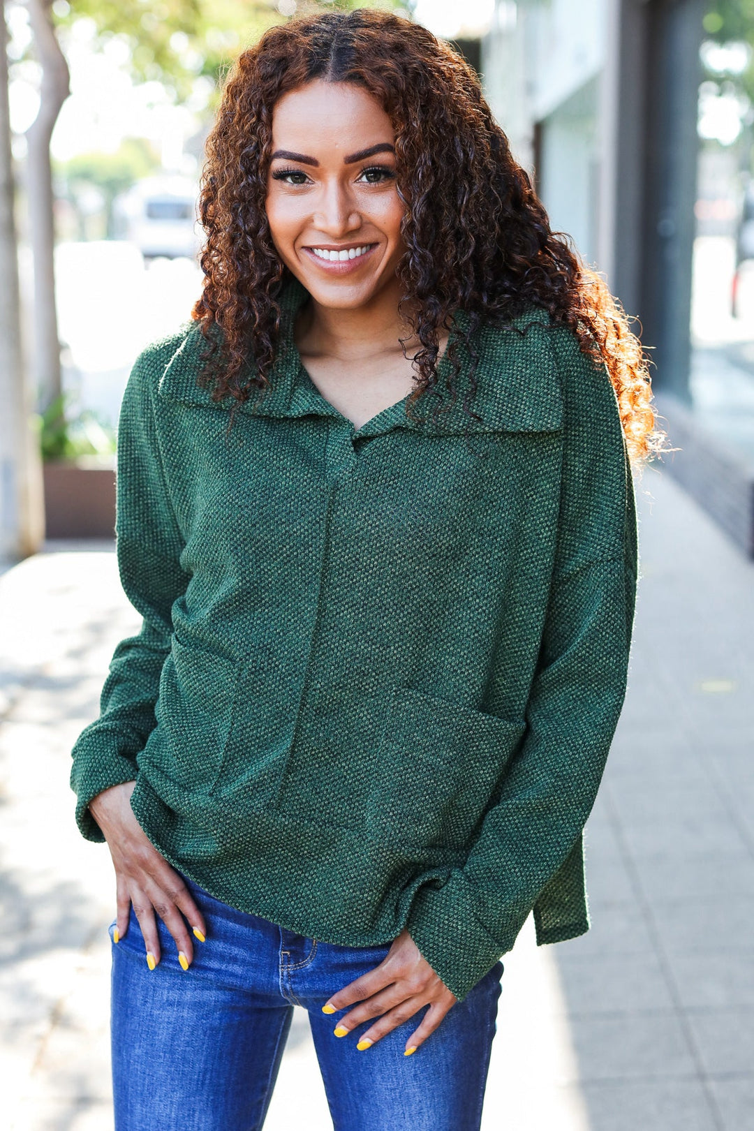Easy Living Olive Textured Knit Notch Neck Oversized Collar Sweater | Nikki &amp; Co. Boutique
