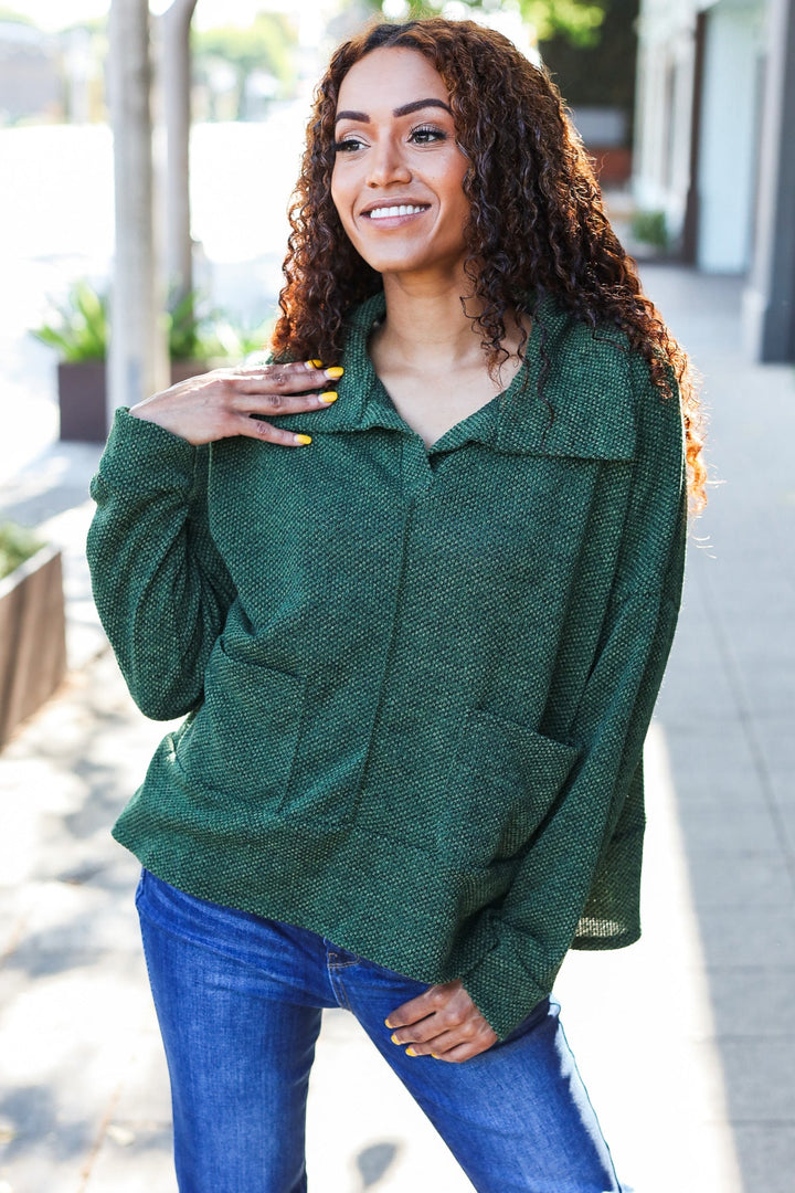Easy Living Olive Textured Knit Notch Neck Oversized Collar Sweater | Nikki &amp; Co. Boutique