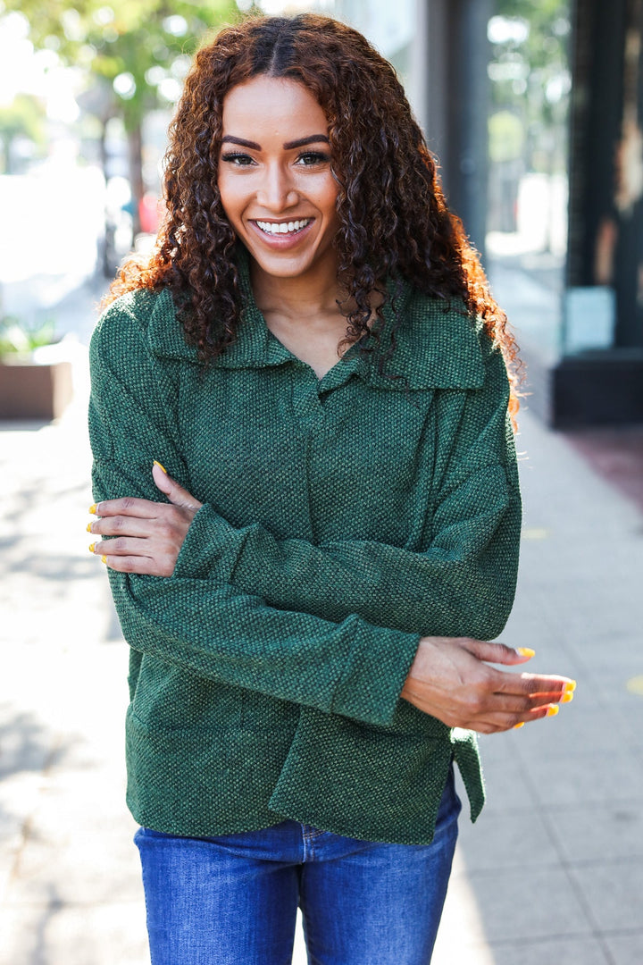 Easy Living Olive Textured Knit Notch Neck Oversized Collar Sweater | Nikki &amp; Co. Boutique