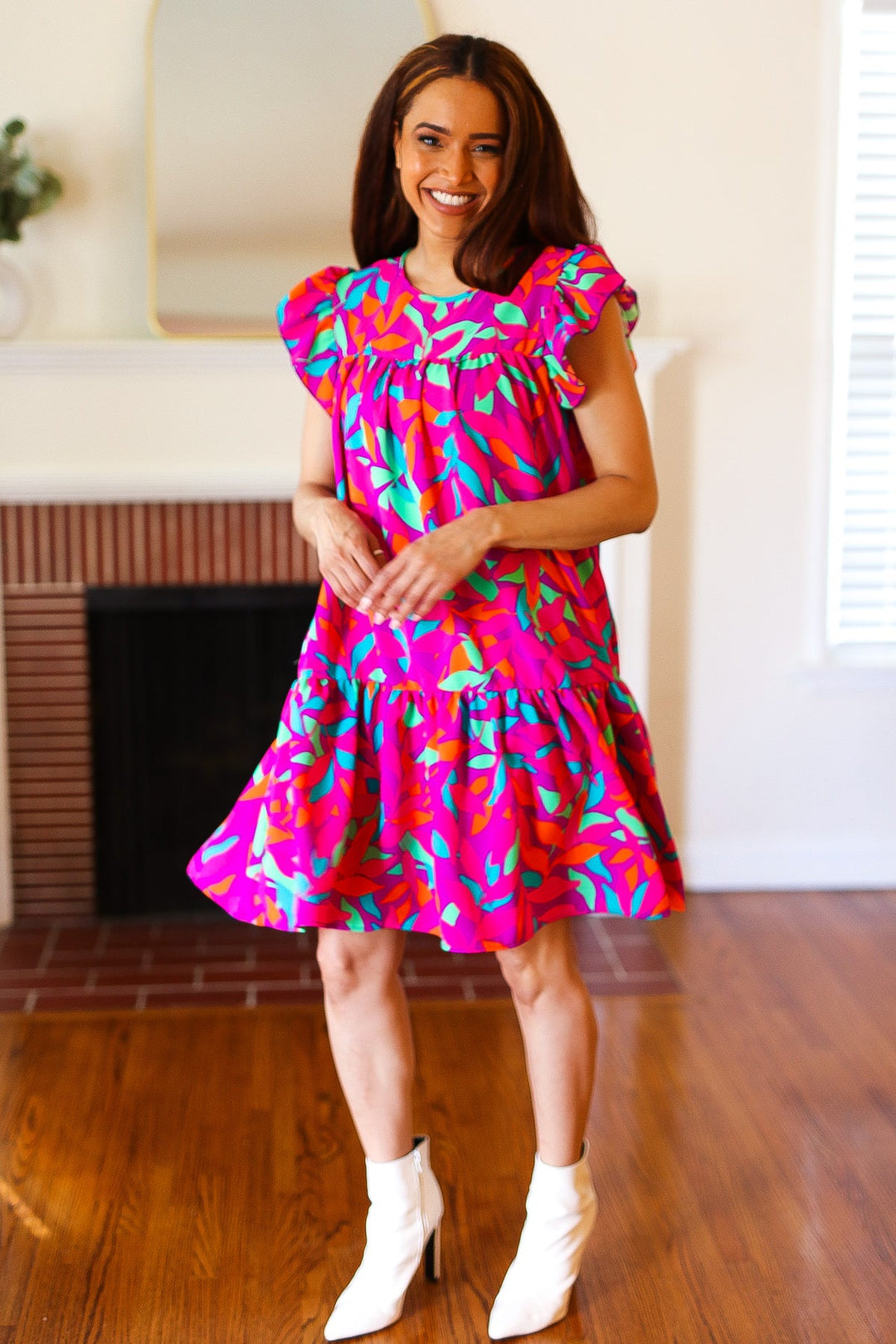 You Got This Purple Abstract Floral Print Tiered Ruffle Sleeve Dress - Nikki &amp; Co. Boutique