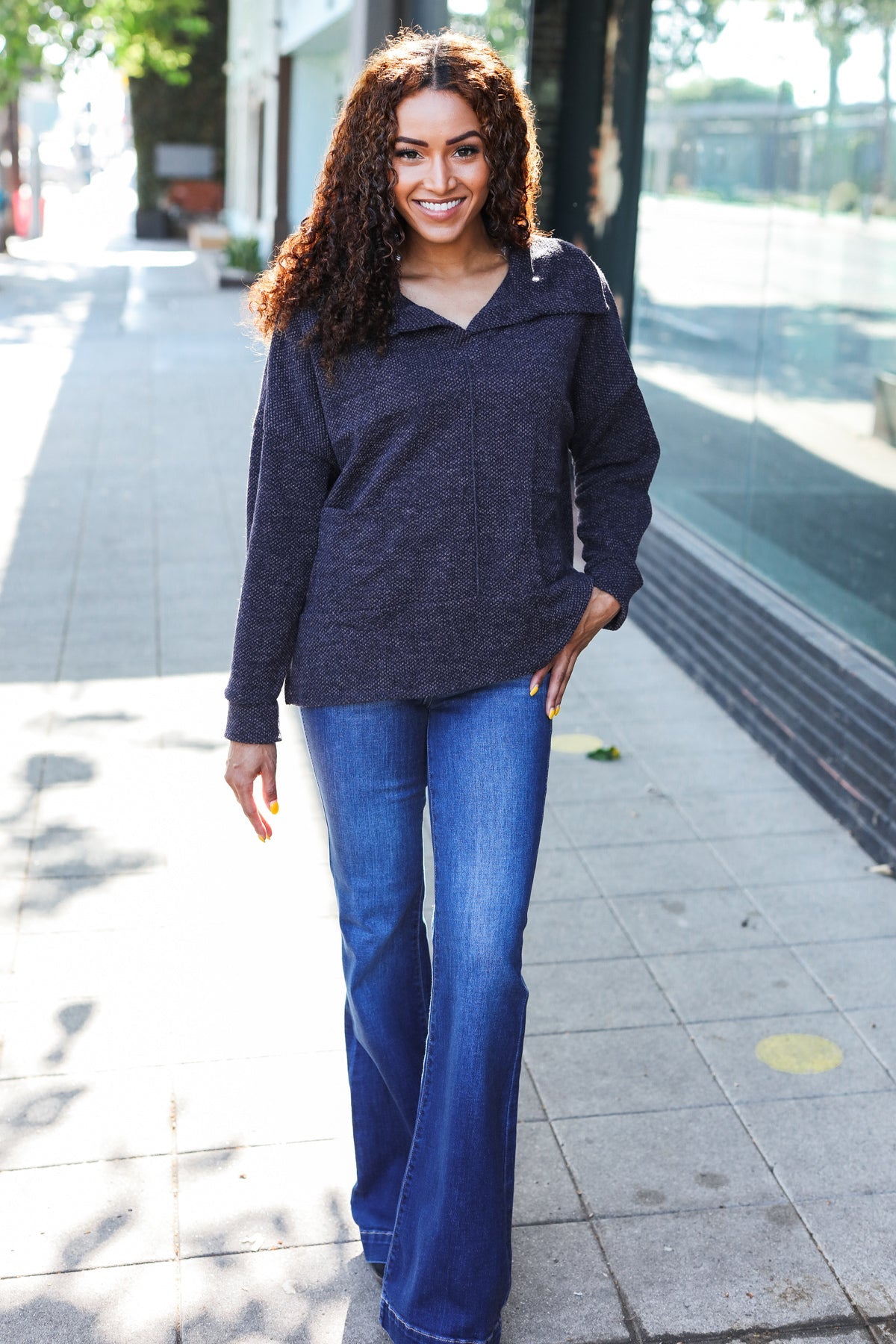 Easy Living Charcoal Textured Knit Notch Neck Oversized Collar Sweater - Nikki and Co Boutique