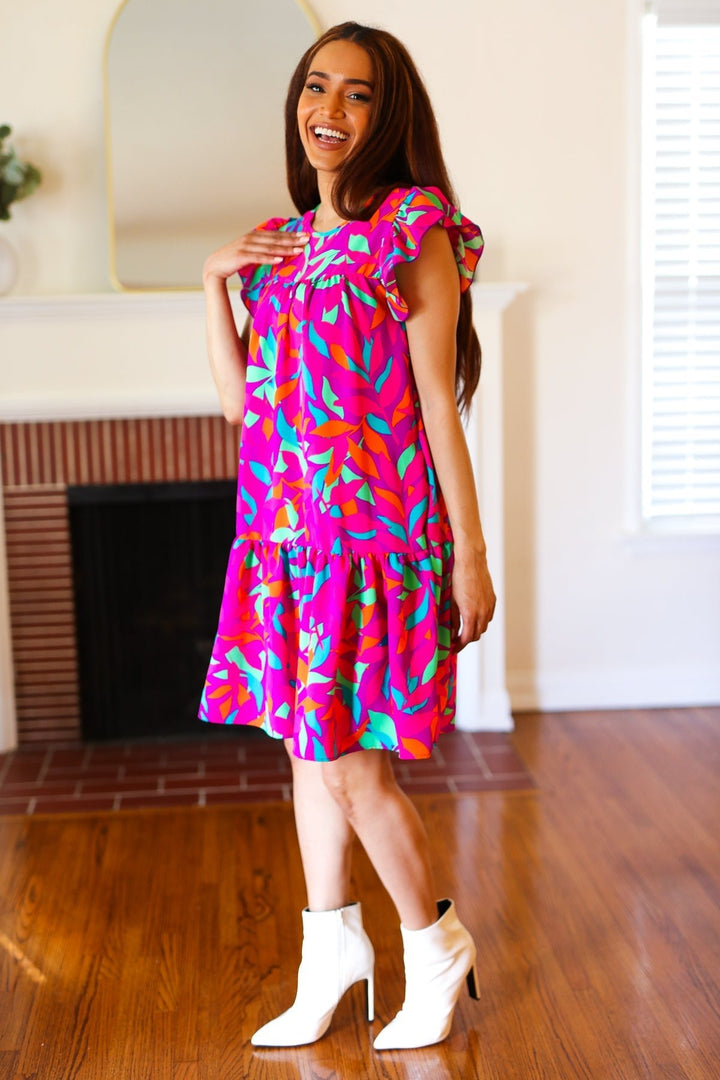 You Got This Purple Abstract Floral Print Tiered Ruffle Sleeve Dress - Nikki &amp; Co. Boutique