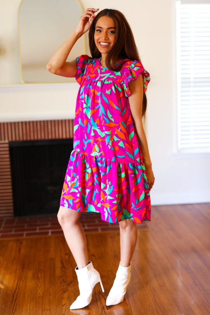 You Got This Purple Abstract Floral Print Tiered Ruffle Sleeve Dress - Nikki &amp; Co. Boutique