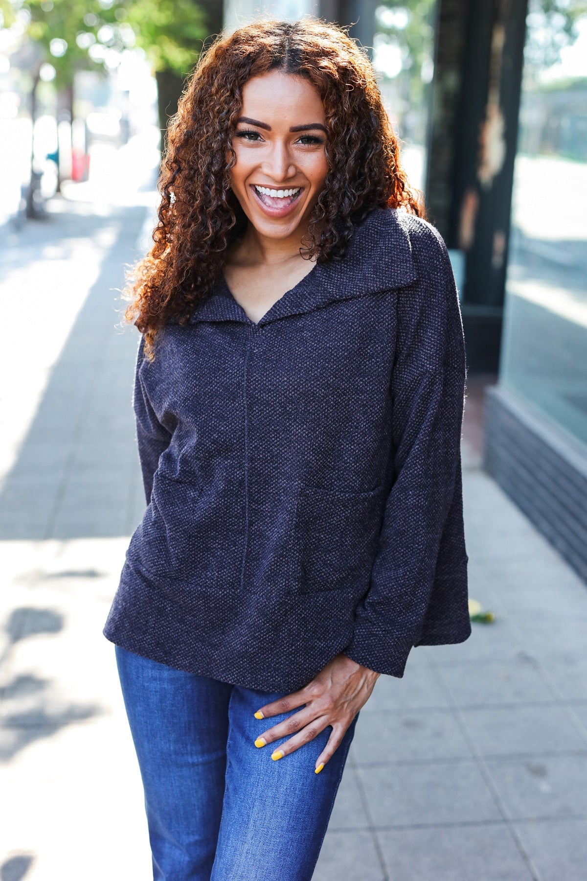 Easy Living Charcoal Textured Knit Notch Neck Oversized Collar Sweater - Nikki and Co Boutique