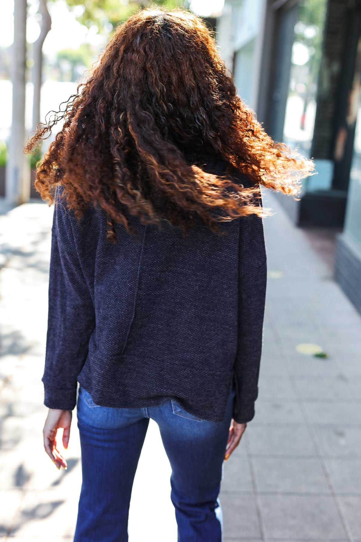 Easy Living Charcoal Textured Knit Notch Neck Oversized Collar Sweater - Nikki and Co Boutique