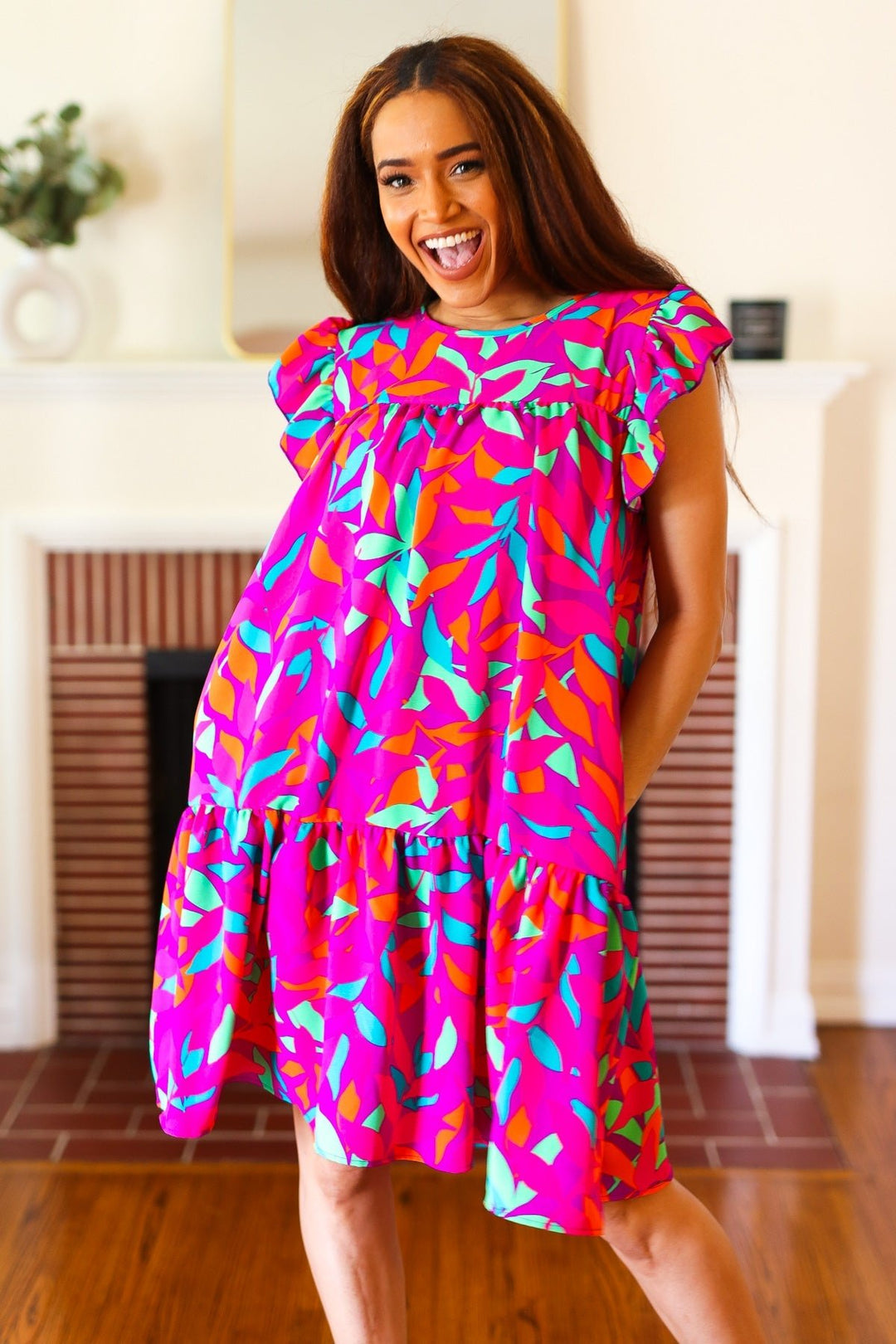 You Got This Purple Abstract Floral Print Tiered Ruffle Sleeve Dress - Nikki &amp; Co. Boutique