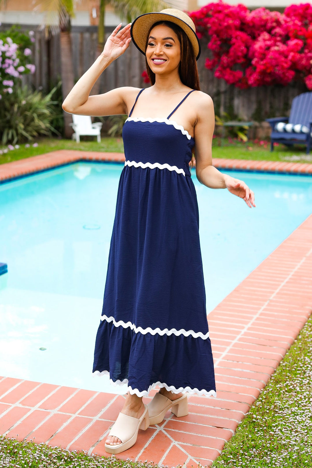 Bold &amp; Sassy Navy Square Neck Ric Rac Trim Adjustable Straps Maxi | Nikki &amp; Co. Boutique