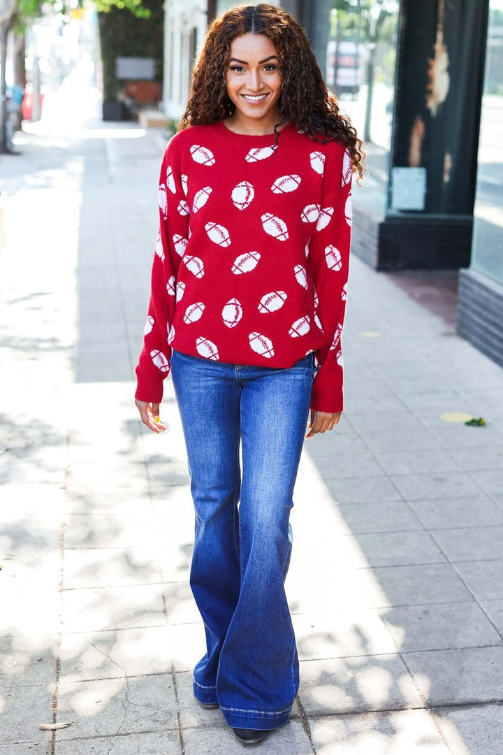Game Day Red Football Print Jacquard Knit Sweater - Nikki &amp; Co. Boutique