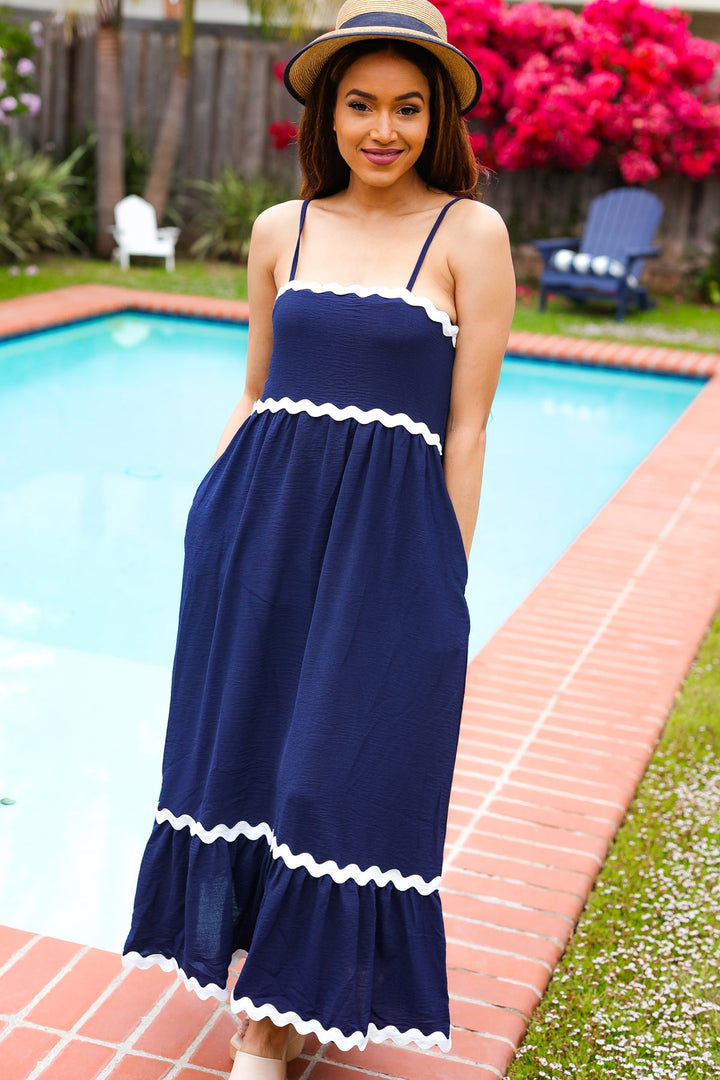 Bold &amp; Sassy Navy Square Neck Ric Rac Trim Adjustable Straps Maxi | Nikki &amp; Co. Boutique