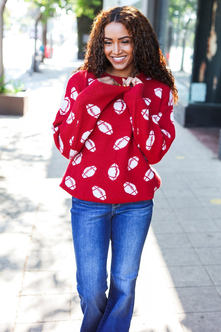 Game Day Red Football Print Jacquard Knit Sweater - Nikki &amp; Co. Boutique