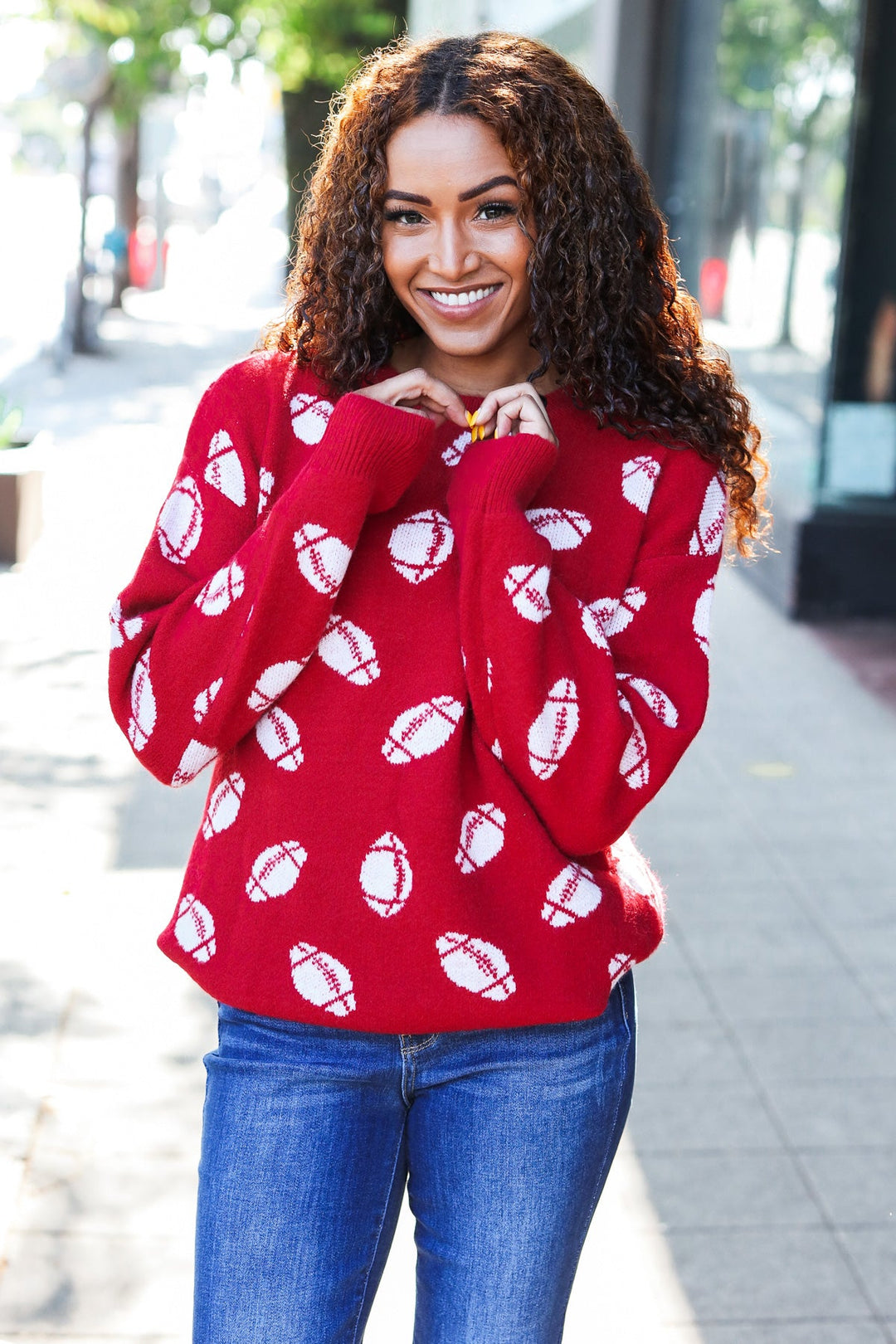 Game Day Red Football Print Jacquard Knit Sweater | Nikki & Co. Boutique