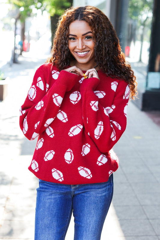 Game Day Red Football Print Jacquard Knit Sweater - Nikki and Co Boutique