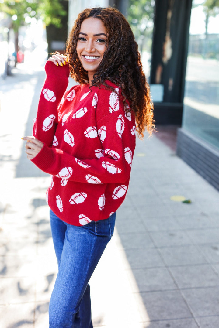 Game Day Red Football Print Jacquard Knit Sweater - Nikki &amp; Co. Boutique