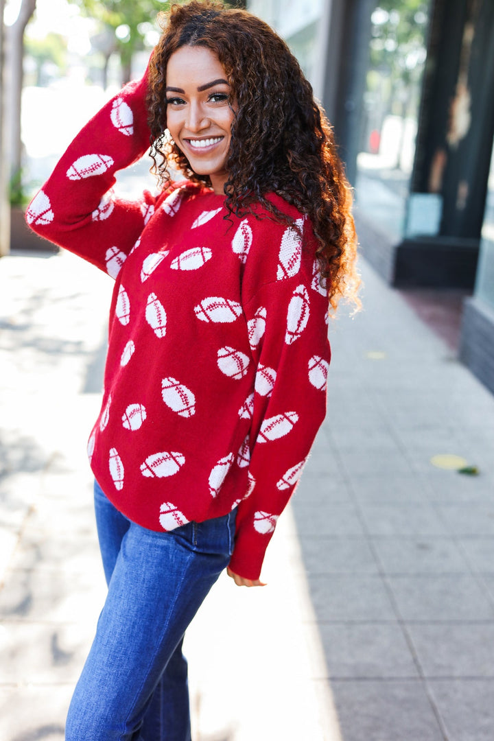 Game Day Red Football Print Jacquard Knit Sweater - Nikki &amp; Co. Boutique