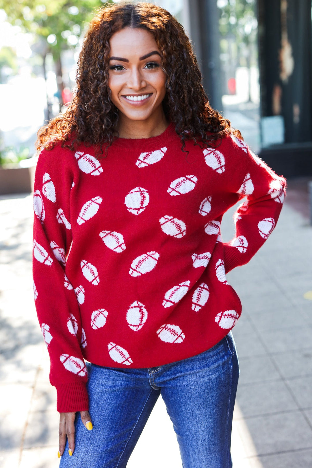 Game Day Red Football Print Jacquard Knit Sweater - Nikki &amp; Co. Boutique
