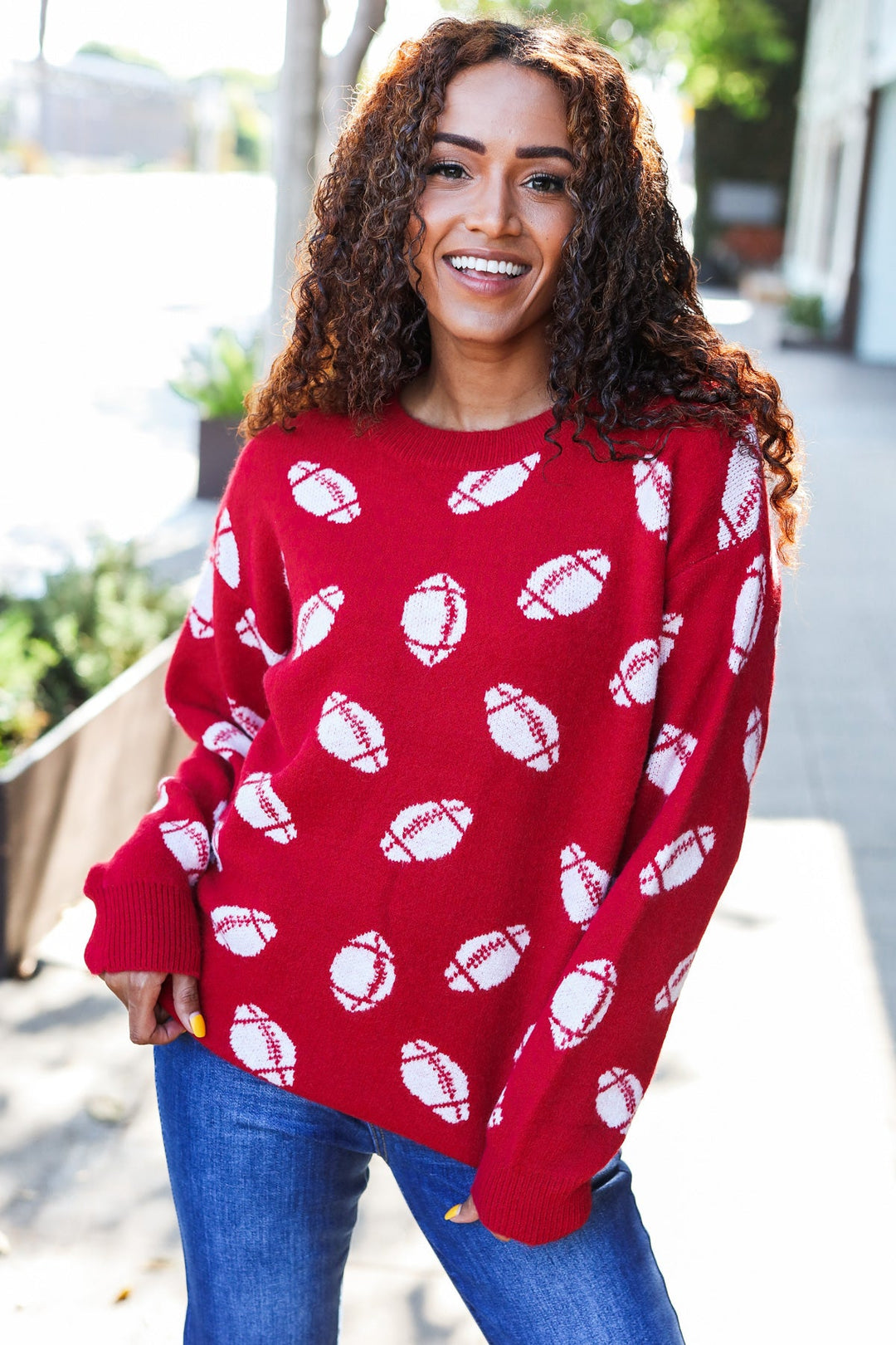 Game Day Red Football Print Jacquard Knit Sweater - Nikki &amp; Co. Boutique