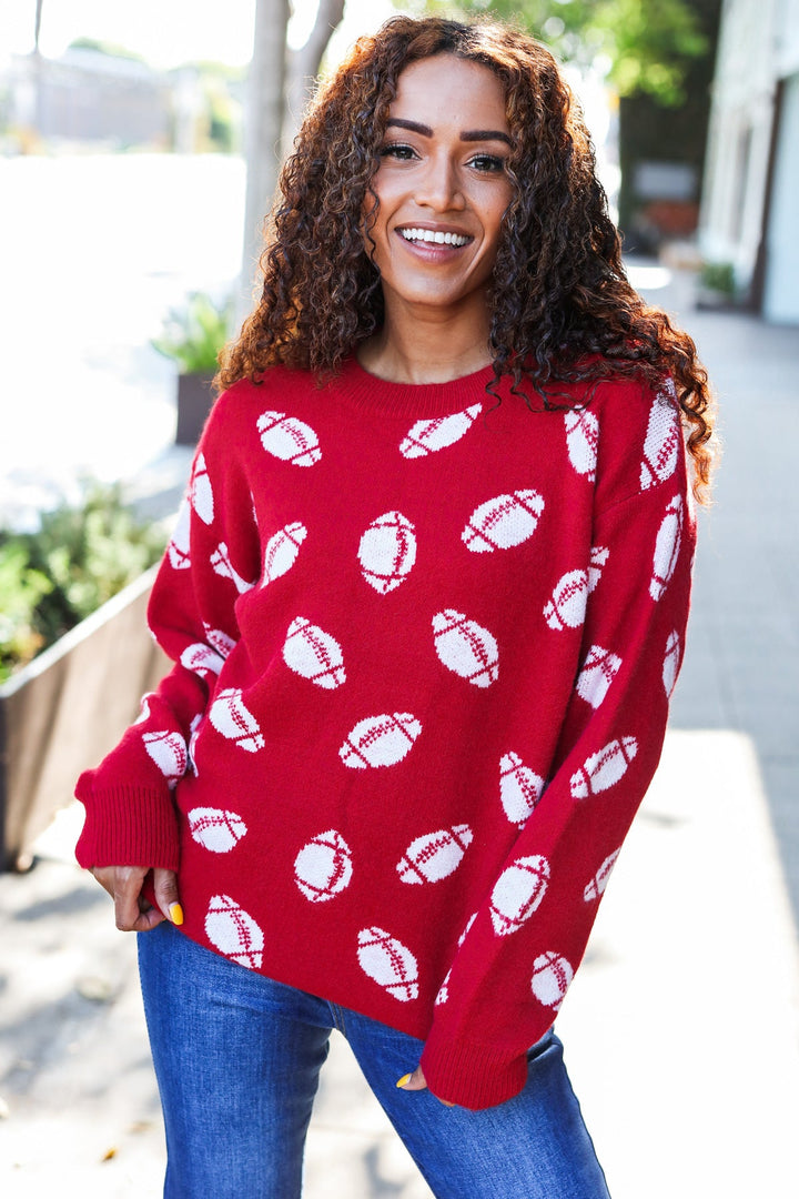Game Day Red Football Print Jacquard Knit Sweater - Nikki &amp; Co. Boutique