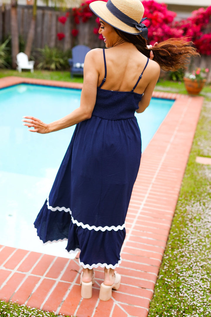 Bold &amp; Sassy Navy Square Neck Ric Rac Trim Adjustable Straps Maxi | Nikki &amp; Co. Boutique