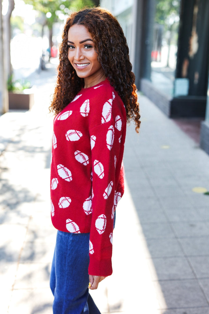 Game Day Red Football Print Jacquard Knit Sweater - Nikki &amp; Co. Boutique