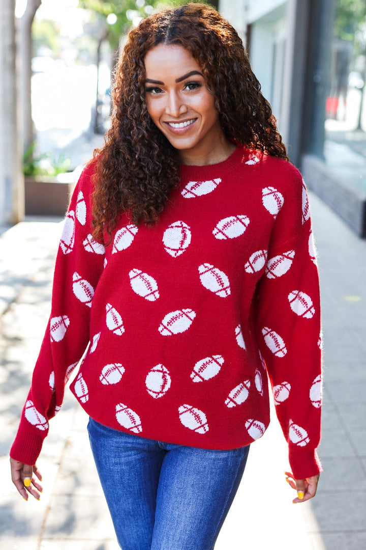 Game Day Red Football Print Jacquard Knit Sweater - Nikki &amp; Co. Boutique