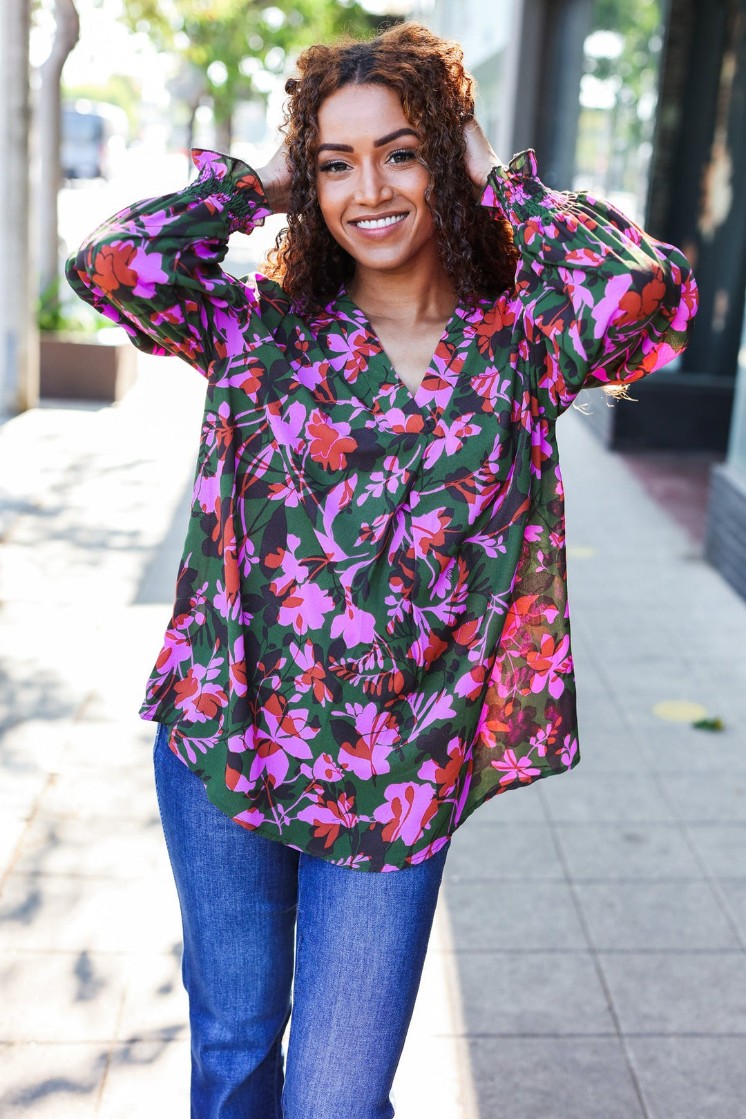 Eyes On You Forest Green Floral Smocked Bubble Sleeve V Neck Tops | Nikki &amp; Co. Boutique