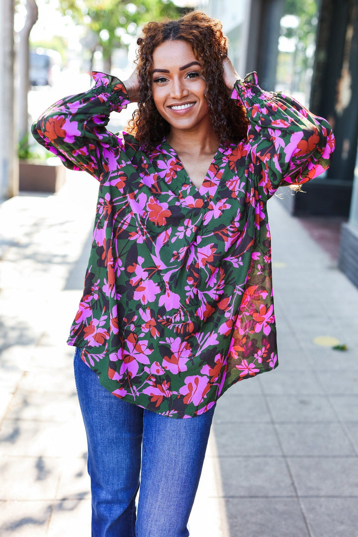 Eyes On You Forest Green Floral Smocked Bubble Sleeve V Neck Tops | Nikki &amp; Co. Boutique