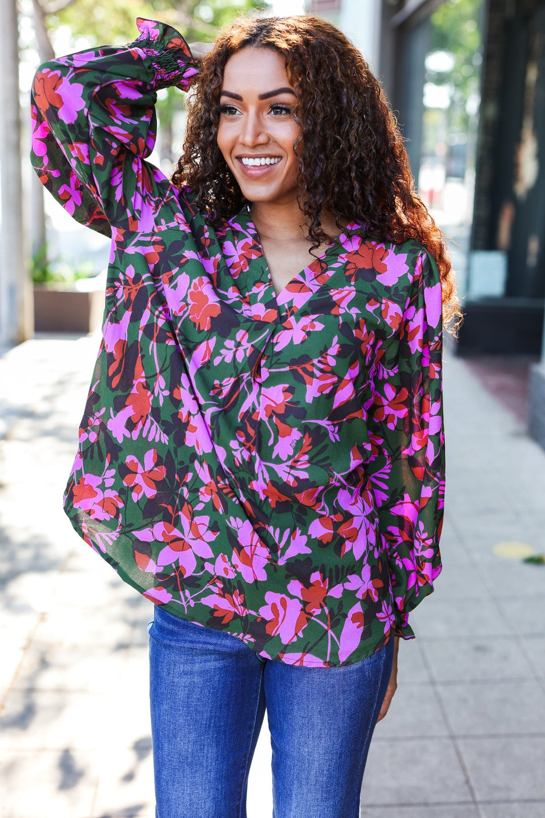 Eyes On You Forest Green Floral Smocked Bubble Sleeve V Neck Tops | Nikki &amp; Co. Boutique