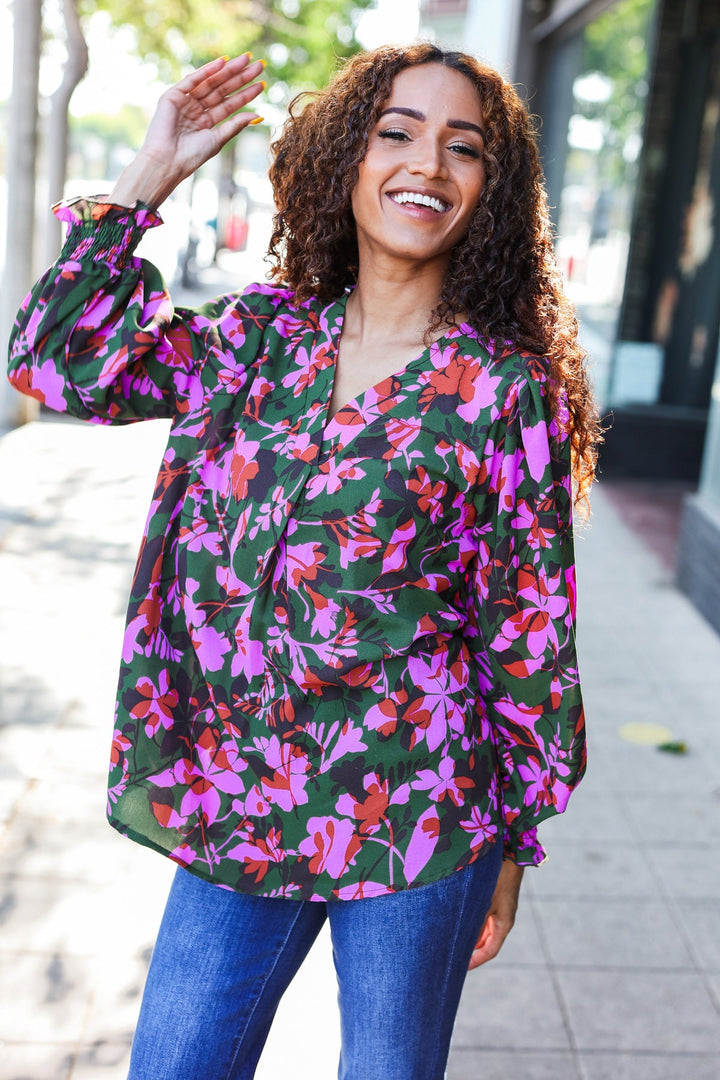 Eyes On You Forest Green Floral Smocked Bubble Sleeve V Neck Tops | Nikki &amp; Co. Boutique
