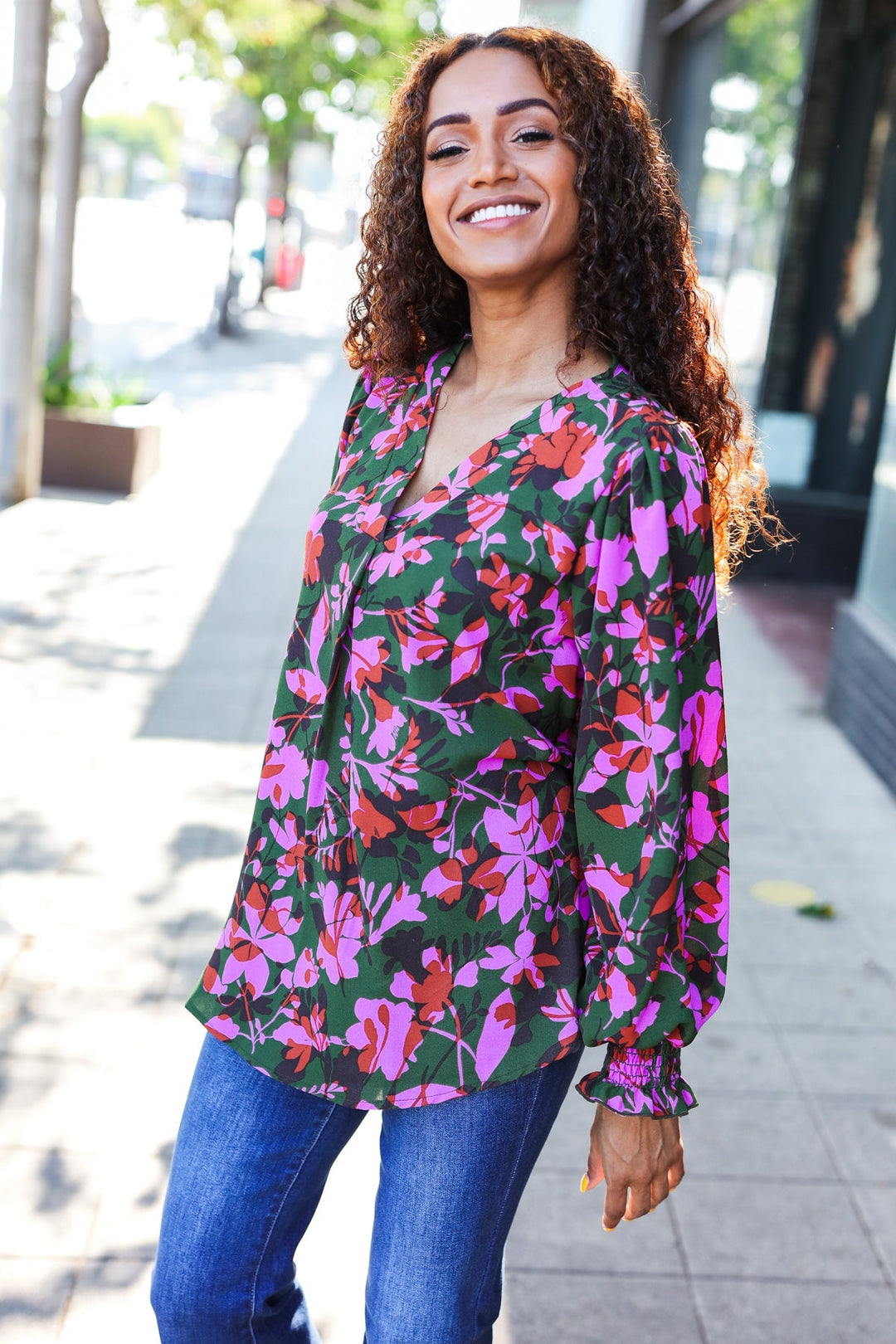 Eyes On You Forest Green Floral Smocked Bubble Sleeve V Neck Tops | Nikki &amp; Co. Boutique