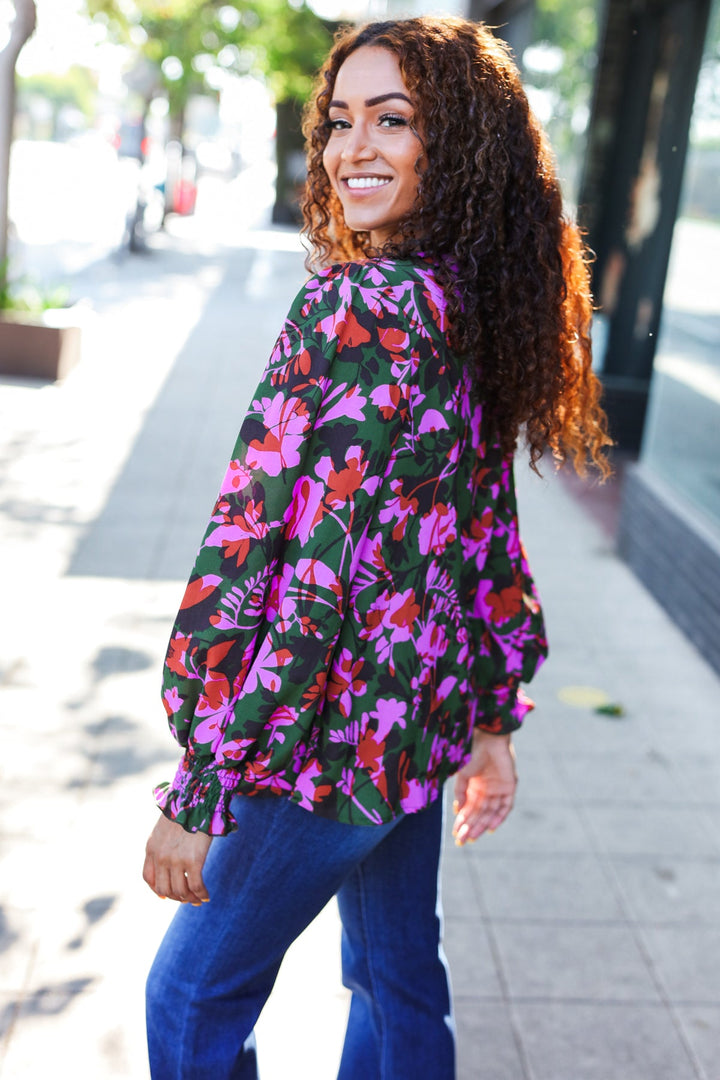 Eyes On You Forest Green Floral Smocked Bubble Sleeve V Neck Tops | Nikki &amp; Co. Boutique