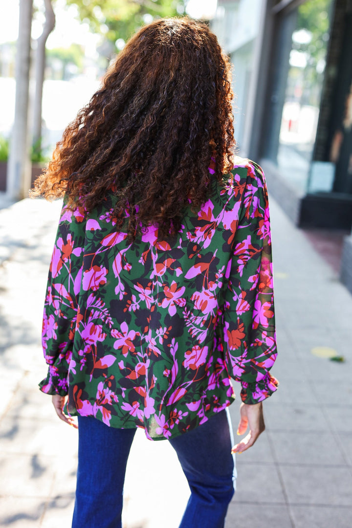 Eyes On You Forest Green Floral Smocked Bubble Sleeve V Neck Tops | Nikki &amp; Co. Boutique