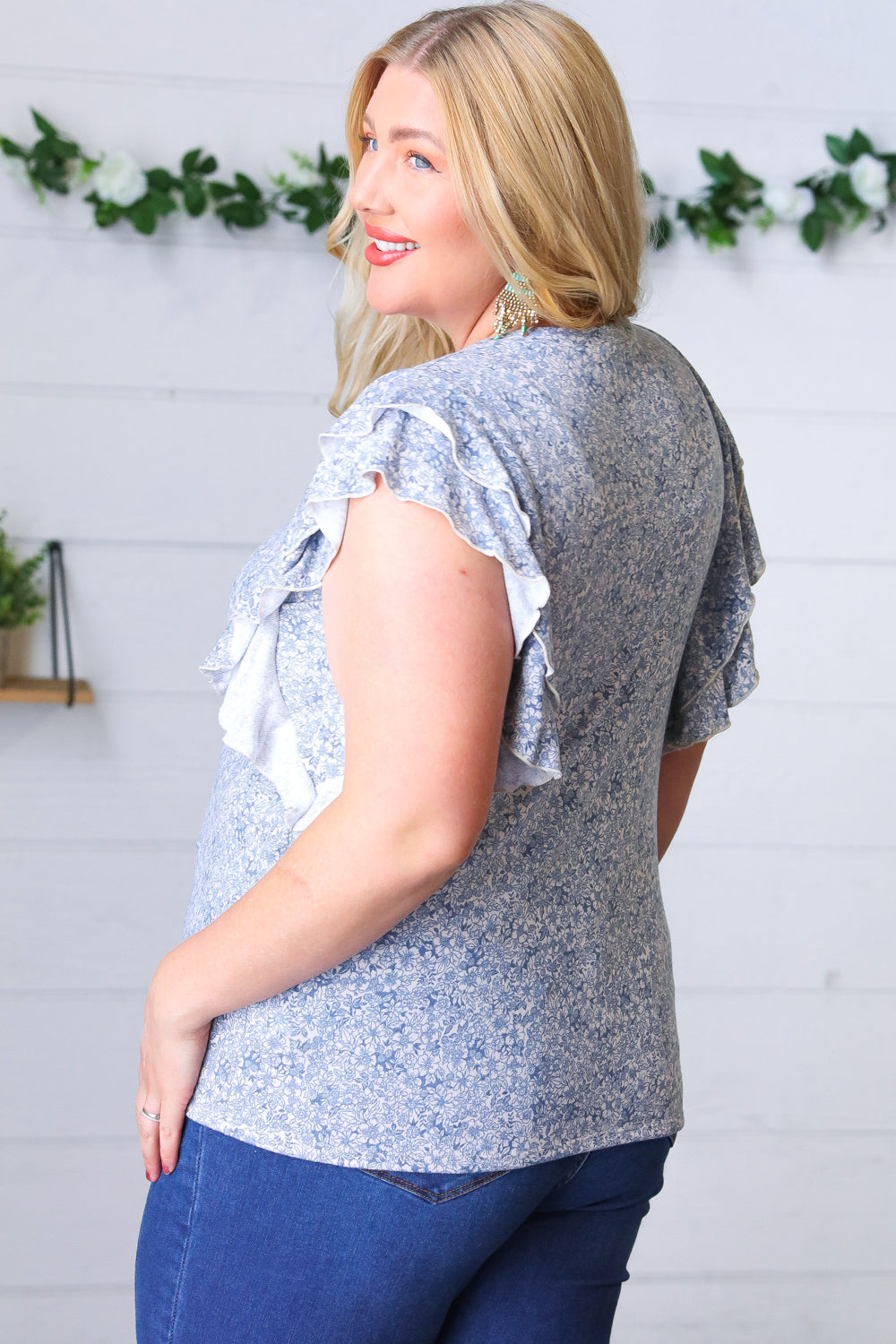Washed Blue Floral Tiered Flutter Sleeve Tops | Nikki &amp; Co. Boutique
