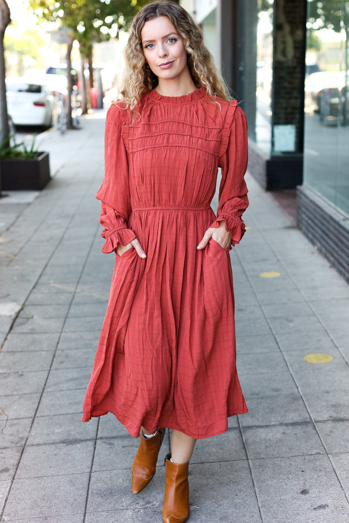 Love Found Rust Mock Neck Embossed Lined Dress | Nikki &amp; Co. Boutique