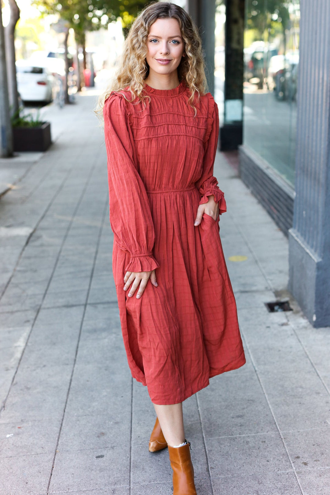 Love Found Rust Mock Neck Embossed Lined Dress | Nikki &amp; Co. Boutique