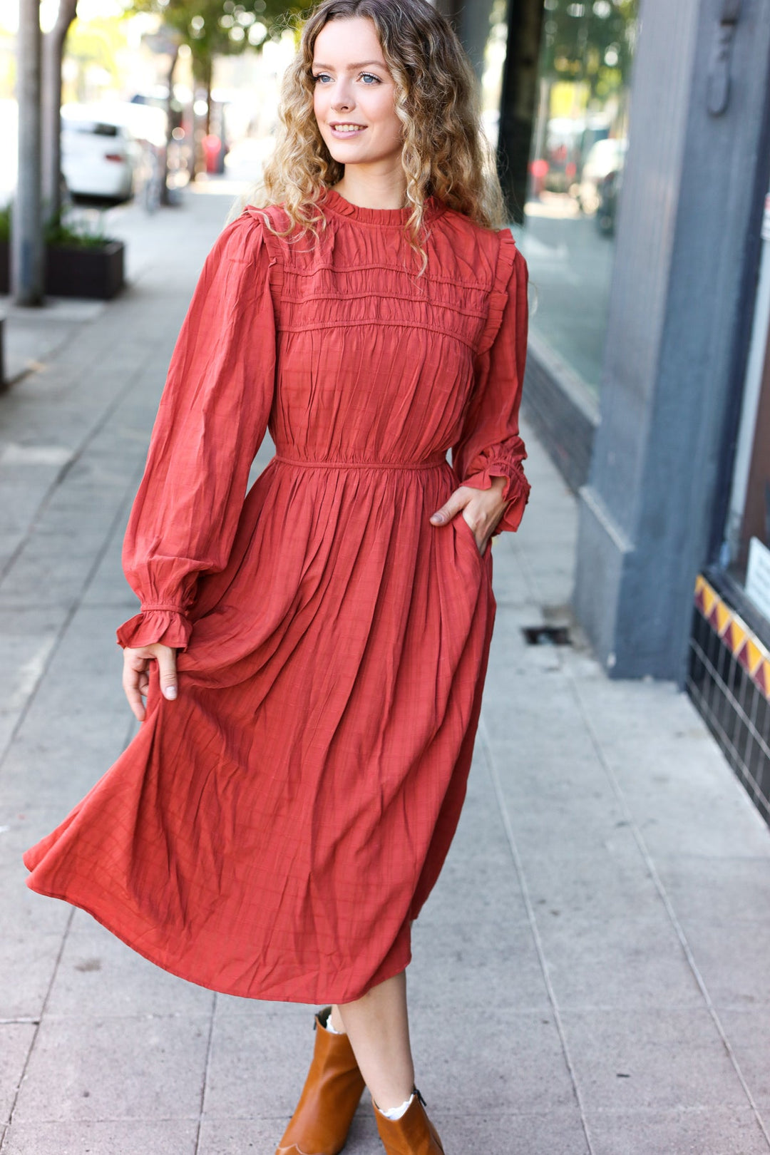 Love Found Rust Mock Neck Embossed Lined Dress | Nikki &amp; Co. Boutique