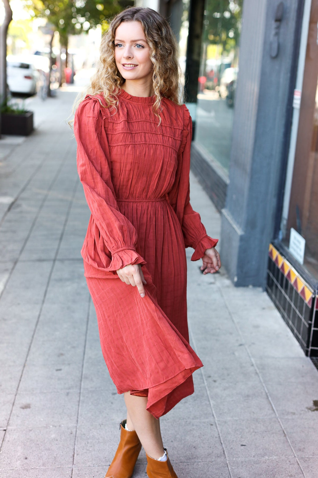 Love Found Rust Mock Neck Embossed Lined Dress | Nikki &amp; Co. Boutique