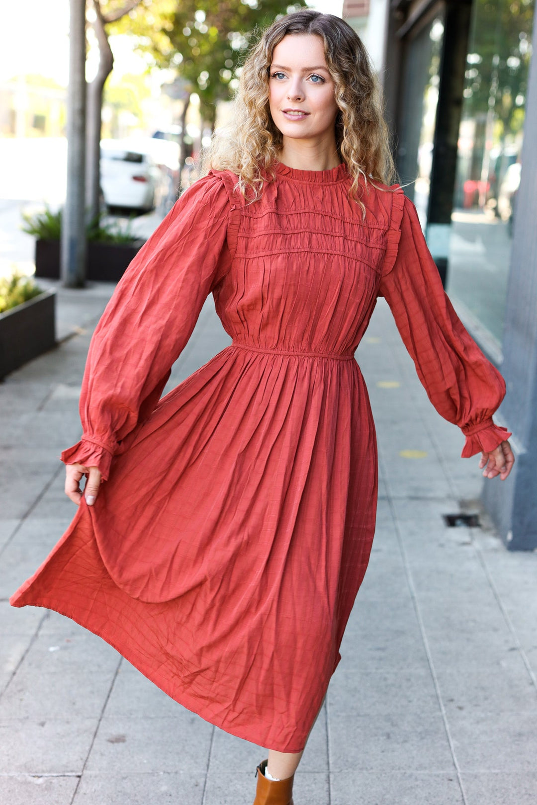 Love Found Rust Mock Neck Embossed Lined Dress | Nikki &amp; Co. Boutique