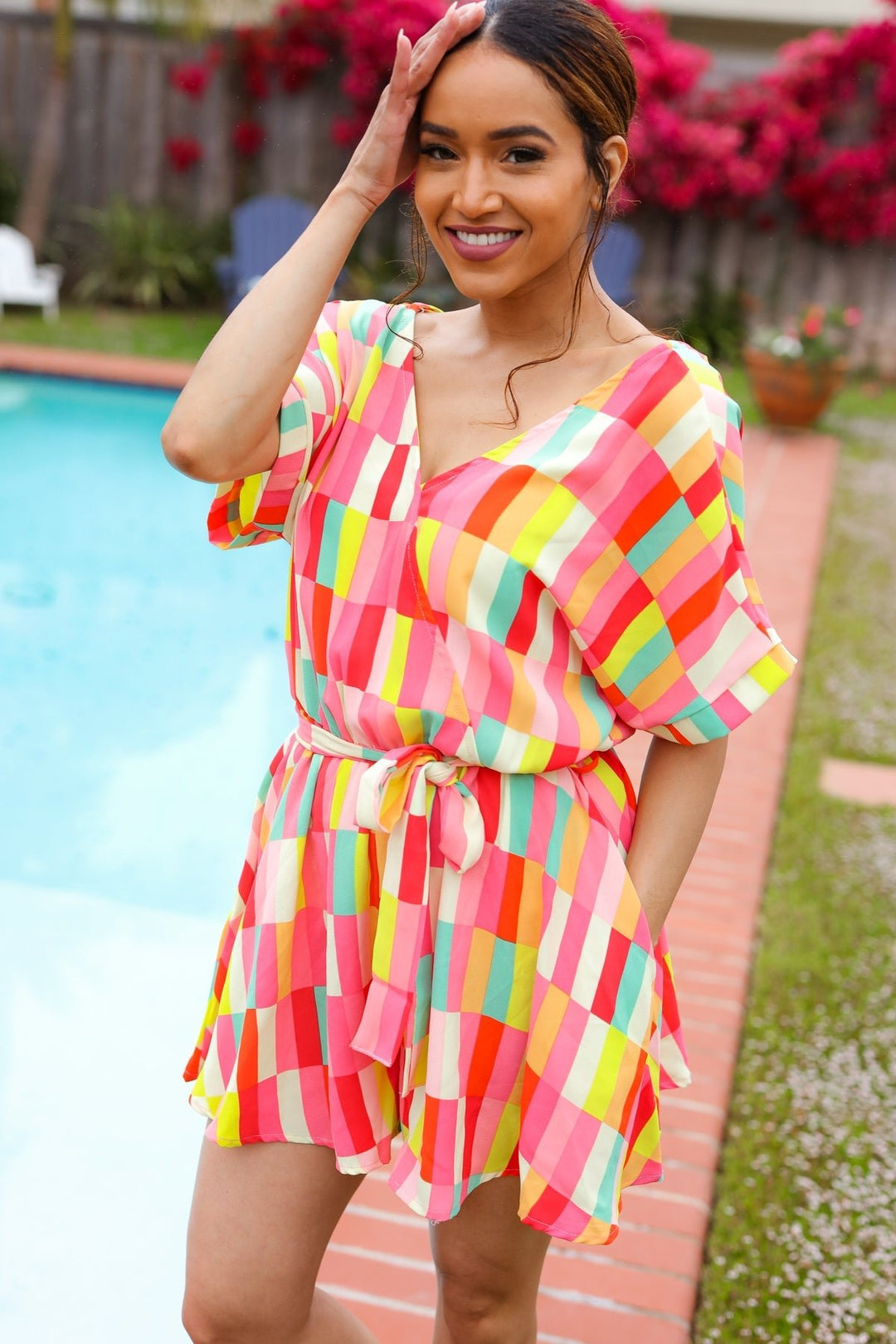 Eyes On You Coral Geo Abstract Surplice Woven Romper - Nikki &amp; Co. Boutique