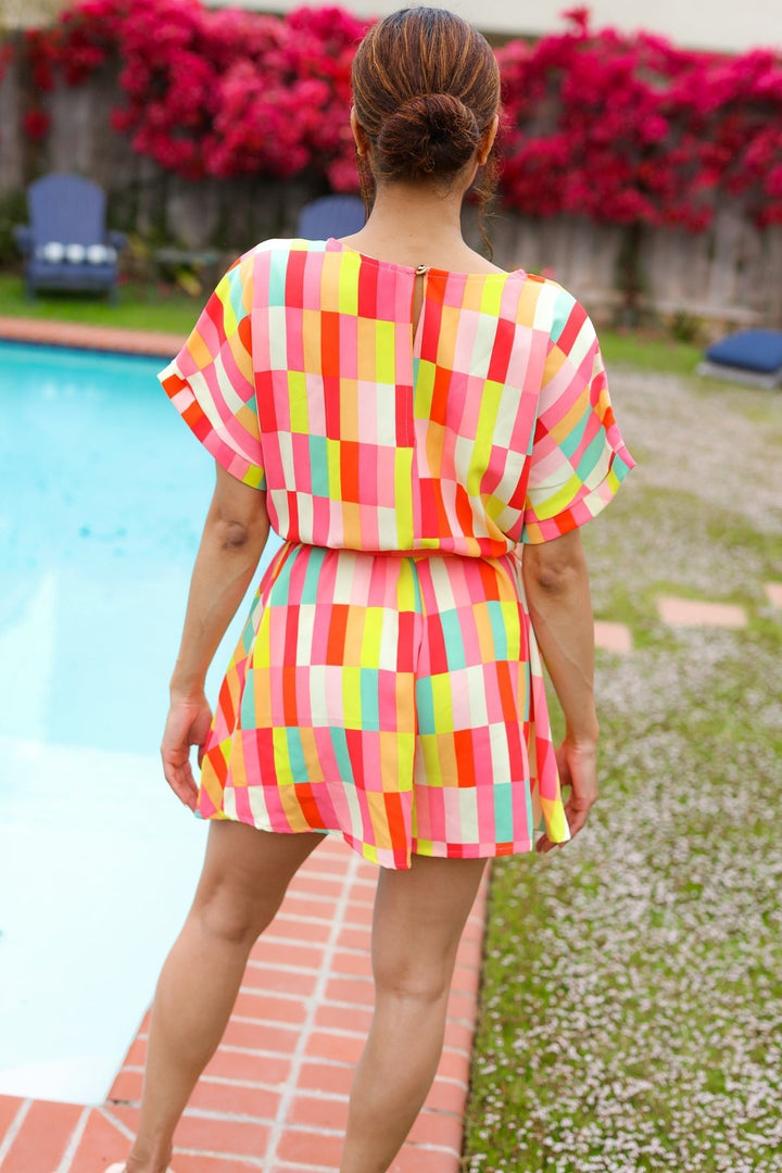 Eyes On You Coral Geo Abstract Surplice Woven Romper - Nikki &amp; Co. Boutique