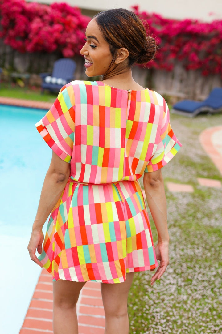 Eyes On You Coral Geo Abstract Surplice Woven Romper - Nikki &amp; Co. Boutique