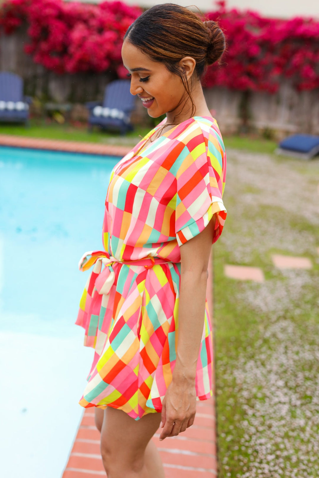 Eyes On You Coral Geo Abstract Surplice Woven Romper - Nikki &amp; Co. Boutique