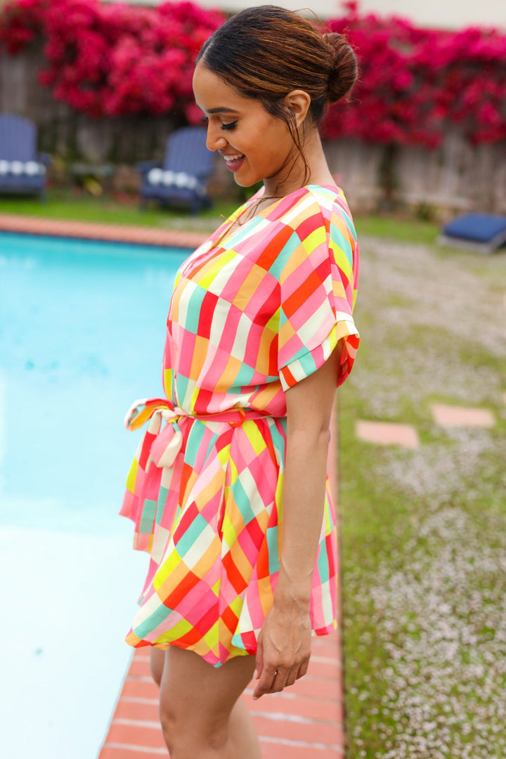 Eyes On You Coral Geo Abstract Surplice Woven Romper - Nikki &amp; Co. Boutique